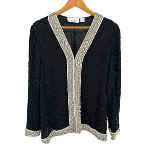 Lawrence Kazar Vintage Beaded Black Silk Evening Jacket size Petite XL